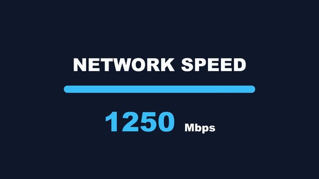 Dynamic network speed indicator animation with rapidly increasing Mbps values and progress bar, symbolizing fast internet connection, data transfer, and technological advancement
