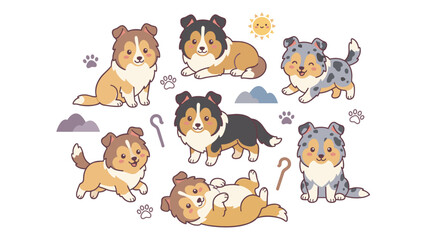Obraz premium Set of cute sheltie dogs in various poses with paw prints and landscape elements, playful puppy collection for stickers and print materials