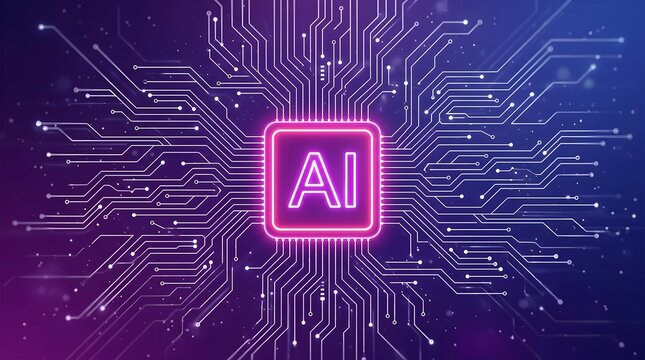 Glowing neon artificial intelligence microchip centralized digital circuitry network technology concept background graphic illustration with vibrant neon lit