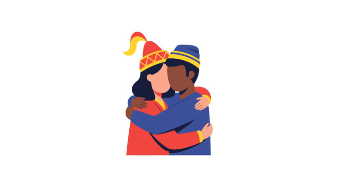 Two diverse people wearing traditional hats and clothing embracing each other, symbolizing unity and friendship in a flat illustration style.