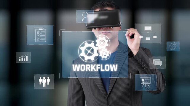 A professional man engages with a virtual reality headset, visualizing innovative workflow concepts in a contemporary business setting, showcasing technology integration. Raster