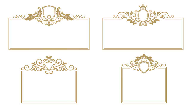 Set of four victorian baroque frames, gold ornate borders with scrolling flourishes, vintage wedding invitation templates, royal decorative dividers