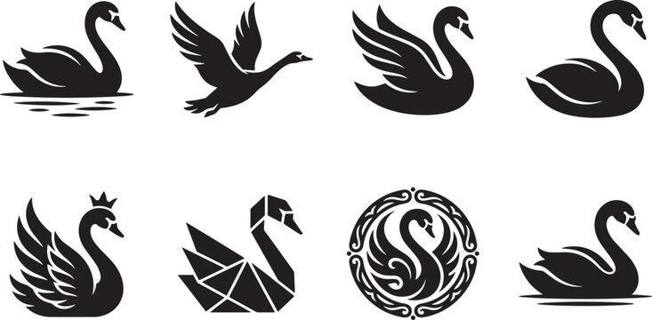 Minimalist swan logo collection, 8 black bird vector icons, elegant swan silhouettes for luxury branding and wedding stationery design