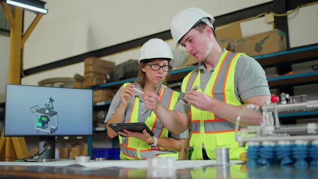 Engineers inspect a precision mechanical component using a caliper and tablet in a modern manufacturing facility. quality control