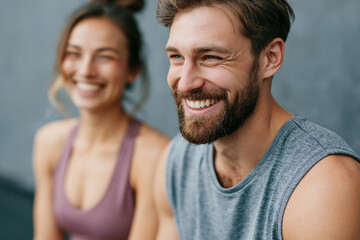 Fototapeta premium Happy couple smiles together during workout session. Their joyful expressions radiate friendship and fitness. Background keeps focus on their shared happiness. Ideal for wellness, team-building