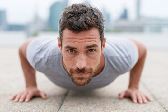 Man doing push-ups outdoors on pavement. Focused gaze meets viewer's eyes. Urban skyline blurs in background. Fitness lifestyle captured in motion. Ideal for health, gym, or active lifestyle themes