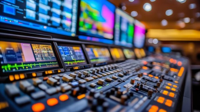 Broadcast television control room studio switcher production desk console professional video production control room with illuminated editing console.