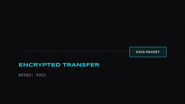 Encrypted data transfer process, displaying bytes and data packet transmission on black background with blue text and graphics, seamless loop, symbolizing secure online communication and data