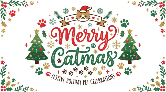 Merry catmas festive holiday greeting card design with hand drawn lettering and cute cat themed christmas elements