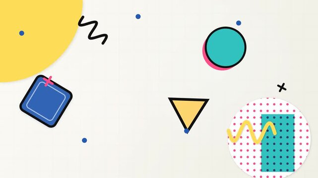 Abstract Memphis style background with animated geometric shapes in vibrant retro colors featuring floating circles triangles squares and zigzag lines on light grid