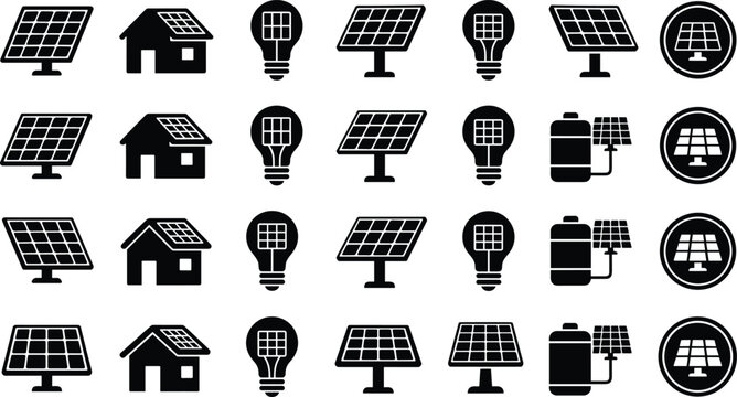 Solar Energy and Renewable Power Generation Glyph Icon Set with Photovoltaic Panels Eco Friendly Houses Electric Lightbulbs and Battery Storage Tank System Symbols