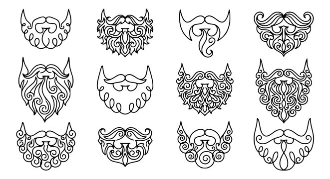 Collection of Stylized Beards and Mustaches - Hand-Drawn Vector Illustrations