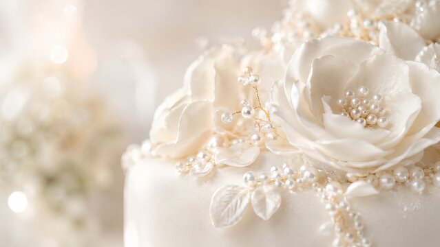 Elegant wedding cake decorated with fondant flowers and pearl ornaments. Luxury dessert for celebration, romantic anniversary, engagement, bridal party. Sweet confectionery catering, copy space
