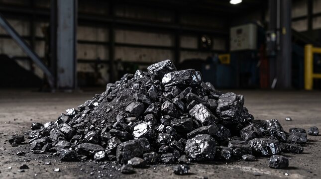 Pile of Black Coal Chunks in Industrial Warehouse