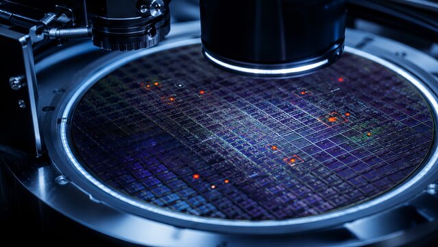 Silicon wafer under microscope inspection in a modern semiconductor manufacturing facility. Automated quality control and microchip fabrication technology for electronics engineering industry