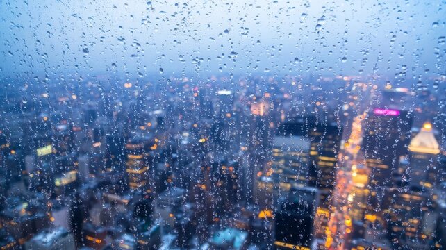 Raindrops on window pane overlooking blurred city skyline at twilight scenic urban atmosphere.