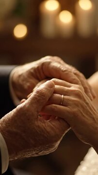 Elderly couple's hands gently clasped, symbolizing a lifetime of unwavering love, companionship, and commitment illuminated by warm, soft candlelight