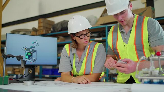 Engineers inspect a precision mechanical component using a caliper and tablet in a modern manufacturing facility. quality control