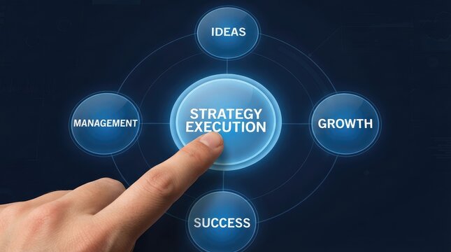 Finger pressing central strategy execution concept surrounded by growth ideas management success elements with surrounded four interconnected circles labeled Ideas