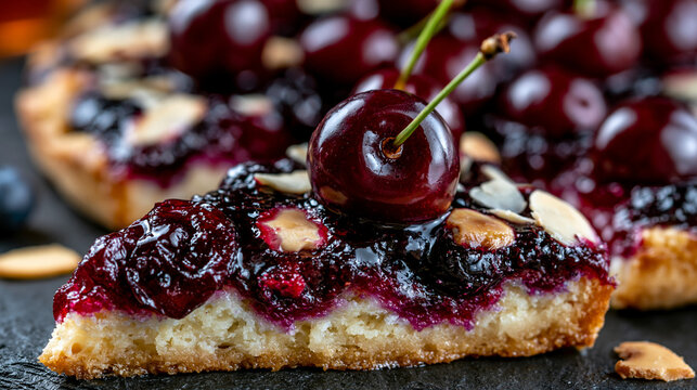 Delicious homemade cherry tart slice with almond slivers on a rustic dark slate background