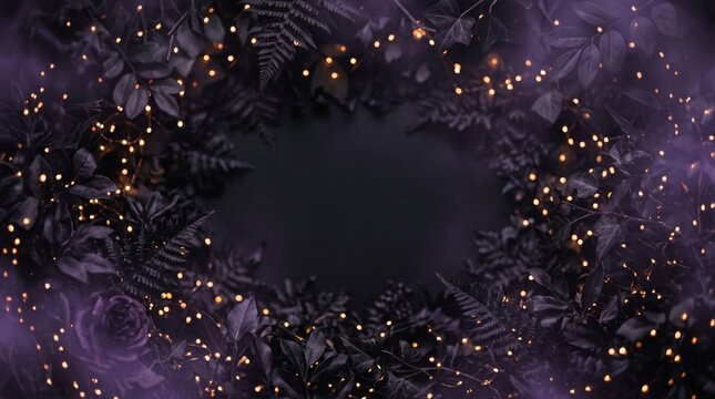 Botanical Halloween background with dark foliage and golden fairy lights. Floral wreath frame with mysterious purple smoke. Spooky autumn celebration concept for invitation or greeting card