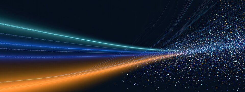 Swirling light streaks merge with shimmering particles on dark background