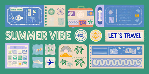 travel stickers in colorful retro style collage design art summer vibe let vacation theme illustration vector graphics scenic backgrounds airplane icon palm tree © Bebdas