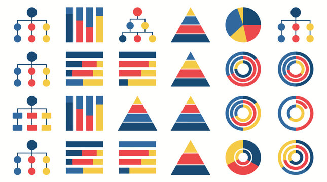 Hierarchical diagrams and pyramid charts visualize organizational structures and project complexity for business planning.