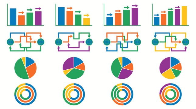 Bar charts and circular diagrams illustrate statistical trends and data analysis processes in a professional business report format.