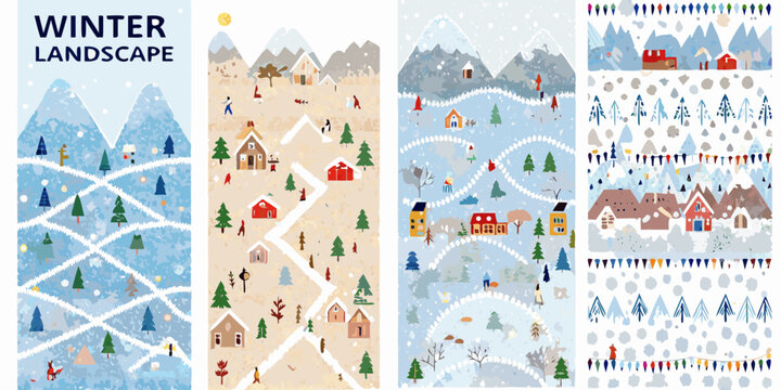 winter landscape posters with snowy mountains and houses vector illustration seasonal cold weather scenic christmas holiday village trees snowflakes blue white background festive