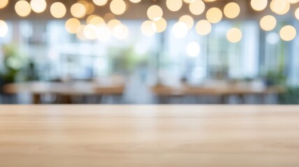 Fototapeta premium Empty wooden table surface for presentation with blurred bright bokeh office background lighting display.