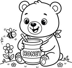 Cute cartoon bear eating honey from a jar