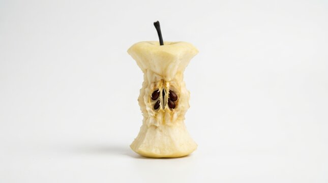 Core of a bitten apple with seeds isolated on white background