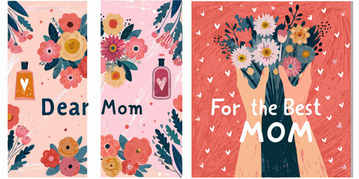 mother s day floral posters with colorful bouquet mothers hand holding flowers perfume bottle heart shapes illustration vector pink background sentimental celebration family