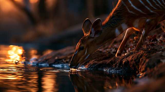 Wild deer drinking water from a lake at golden hour sunset in the forest with wildlife, drinking