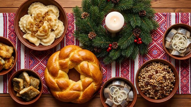 Traditional Eastern European Christmas Dinner Flat Lay