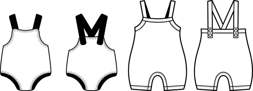 Minimalist technical line art baby romper and overalls template featuring shoulder straps for kids apparel manufacturing vector illustration sketch