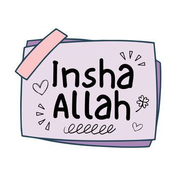 Insha Allah Islamic Typography Sticker Cute Hand Drawn Muslim Lettering Flat Vector Minimal Doodle Badge Floral Quote Transparent Background