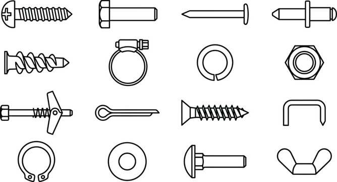 Industrial Hardware Fastener Linear Icon Set Featuring Threaded Bolts Wood Screws Hex Nuts Split Washers Hose Clamps Cotter Pins and Wingnuts for Engineering Manuals