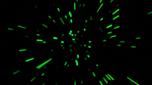 Abstract black background with glowing green neon particle streaks exploding from the center