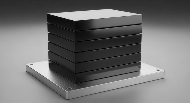 Stack of Glossy Black Data Cubes on Metallic Base
