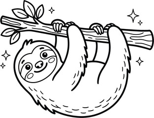 Cute sloth hanging on a branch with leaves © Taibur