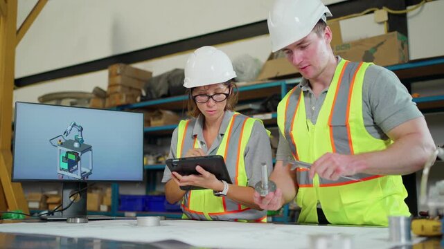 Engineers inspect a precision mechanical component using a caliper and tablet in a modern manufacturing facility. quality control