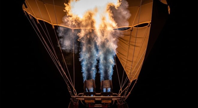 Hot Air Balloon Burners Ignite with Swirling Flames and Steam
