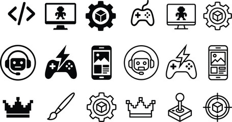 Game Development and Programming Icon Set Featuring Code Brackets Monitors Gamepads Gear Engines Pixel Crowns and Headset Avatars for Software Development App Interfaces © Nurchhana