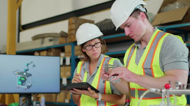 Engineers inspect a precision mechanical component using a caliper and tablet in a modern manufacturing facility. quality control