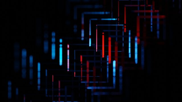 Abstract dark background with glowing red and blue geometric grid line structures over a black backdrop