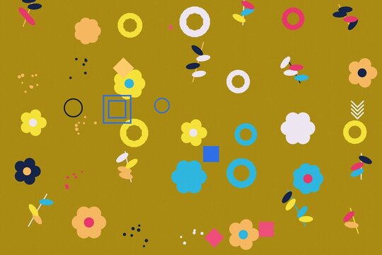Seamless pattern featuring colorful hand drawn flowers on a mustard yellow background for spring and summer designs