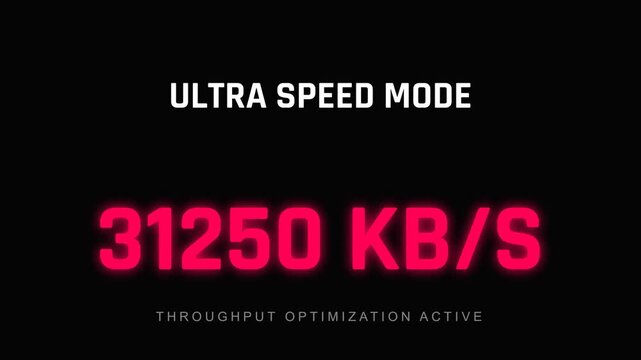 Internet speedometer, displaying various data transfer rates, from 0 KB/S to 49792 KB/S, ultra speed mode, throughput optimization active, symbolizing internet connectivity and performance