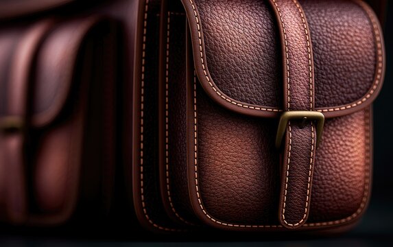Close-up of textured brown leather satchel with brass buckle and stitching